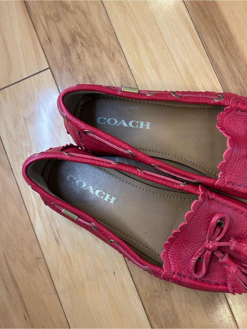 Coach Red Leather Tassel Driving Loafers - Picture 11 of 14